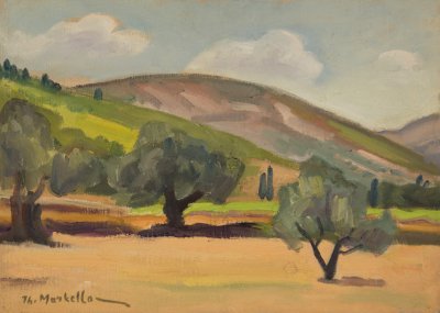 Landscape with Olive Trees — Oil painting, Fiberboard, 33.00×46.00cm — Theodoros Markellos